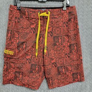 Hinano‎ Tahiti Board Shorts Mens 31 Red Swim Trunks Allover Print Surf Tribal